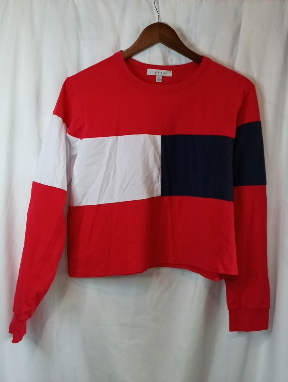 Small gaze Red White Blue Colorblock Long-Sleeve Crop Shirt Patriotic Vintage